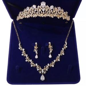 Crystal Leaf Bridal Tiara Set in Gold